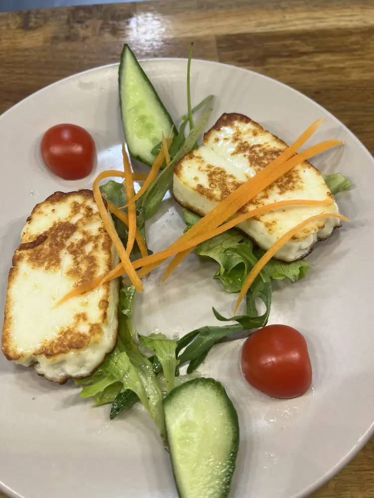 Two slices of golden grilled halloumi with cucumber, cherry tomato, carrot ribbons and leaves